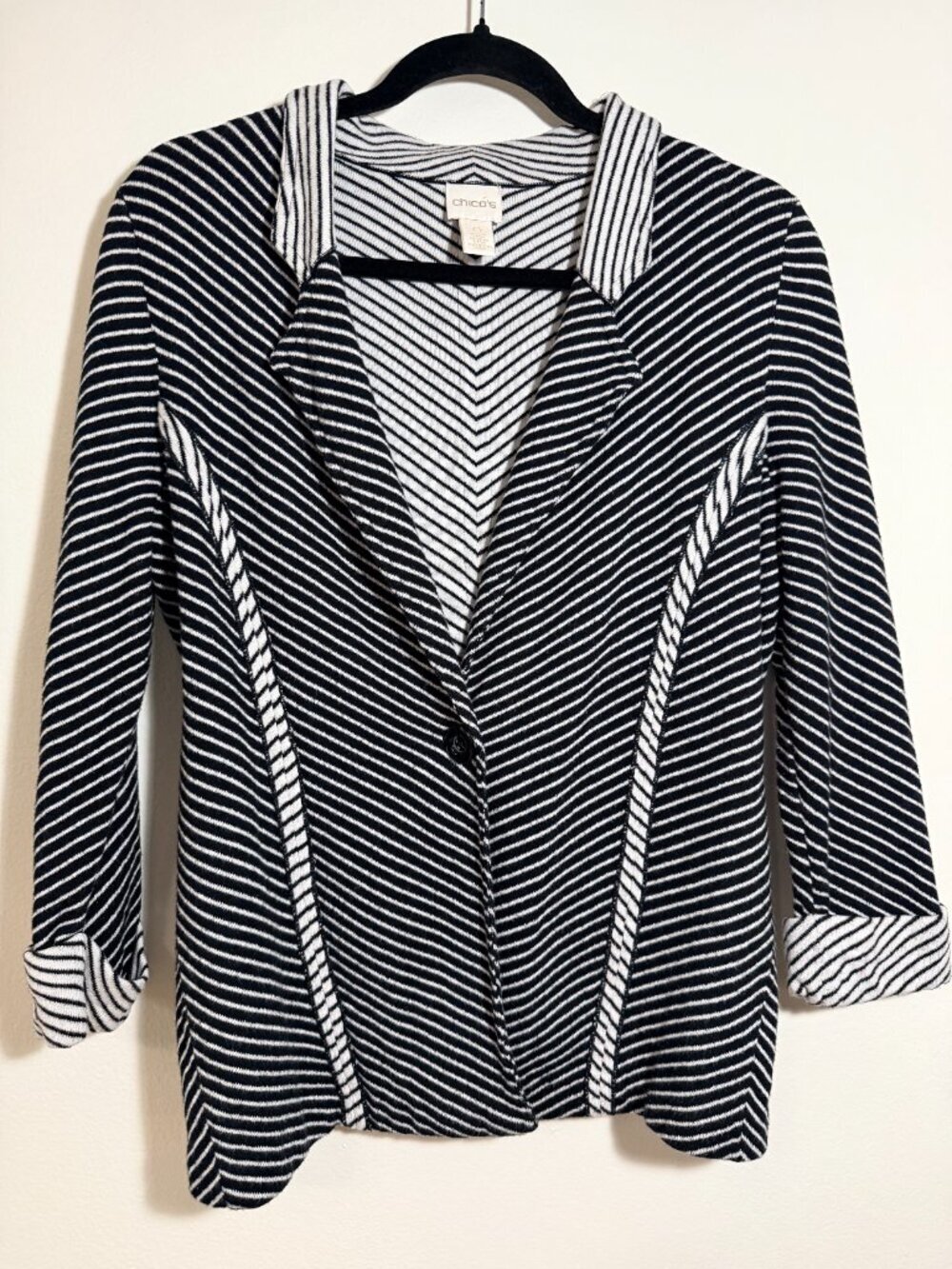 Chico’s Black White Stripe Knit Blazer Jacket Minimalist Quiet Luxury - Picture 2 of 5